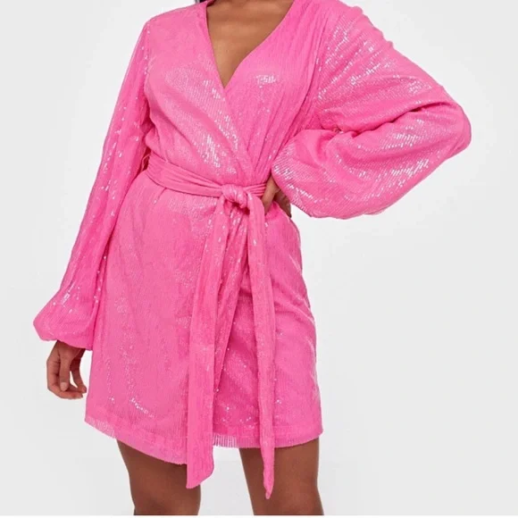 strapless open back dress Rent Asos Edition Sequin Wrap Mini Dress In Hot Pink main image 0